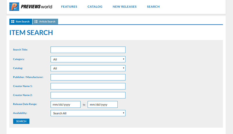 PREVIEWS, PREVIEWSworld, item search, comic books